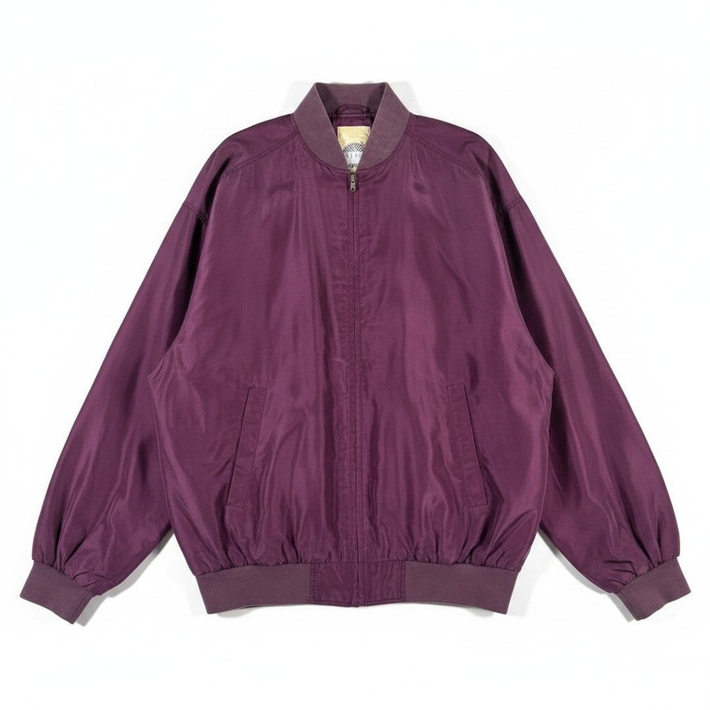 Vintage Silk Uomo Womens 100% Silk Bomber Jacket Plum Purple Retro Zip Up Size L
